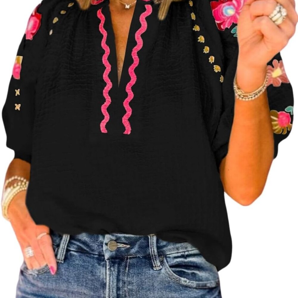 Women's Casual V Neck Puff Short Sleeve Shirts Floral Embroidered Ricrac Texture
